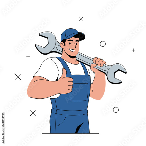 Skilled technician expertly holds large wrench showing thumbs up for excellence in craftsmanship and repair services