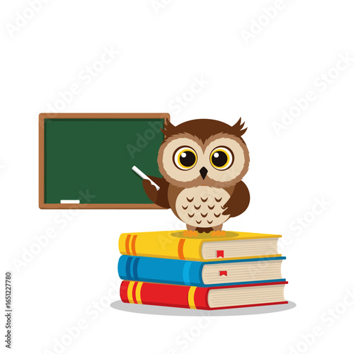 An adorable owl teacher stands proudly on a stack of colorful books next to a green chalkboard inspiring young minds