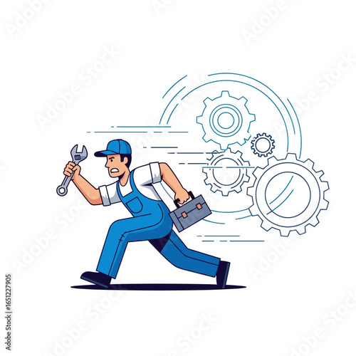 Skilled mechanic swiftly responding to urgent repair needs with tools and equipment ready for action