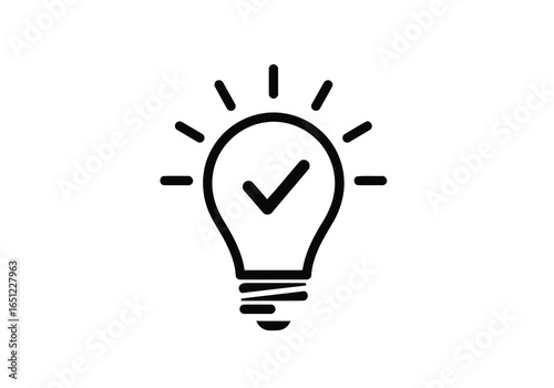 Vector illustration of simple black and white line art icon of a lightbulb with a checkmark inside, symbolizing a good idea or solution, isolated on white background
