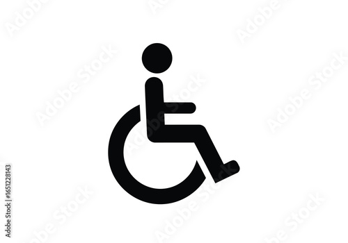 Vector illustration of black and white pictogram of a person in a wheelchair, symbolizing accessibility and disability, isolated on a white background
