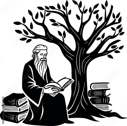 Vector art of wise old man reading a book under a tree with stacks of books, isolated on white background