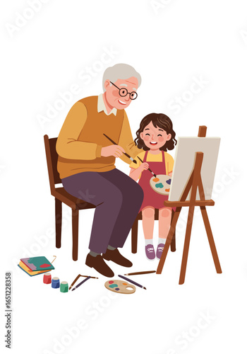Happy Grandfather and Granddaughter Painting on Easel