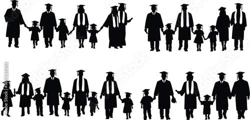 Silhouette vector illustration of graduating families with children and parents in caps and gowns, ideal for education designs, graduation themes, and celebration graphics