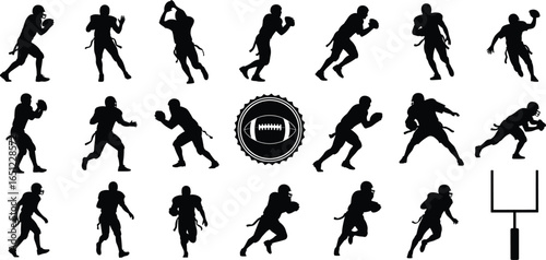 Silhouettes of American football players in action, running, passing, and catching, vector sports illustration with helmet, goalpost, and football emblem