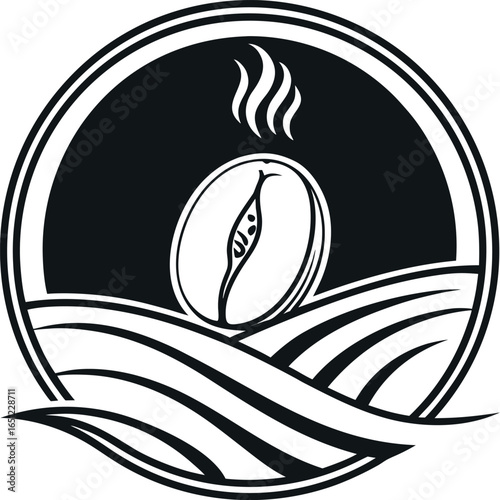 Vector art of stylized coffee bean logo with steam and landscape elements
