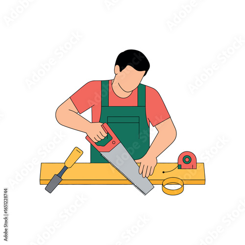 Man in overalls sawing wood with hand saw and chisel carpenter woodworking
