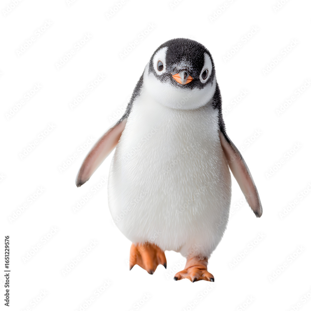 Fototapeta premium Cute Antarctic Penguin Standing on Ice Against White Background