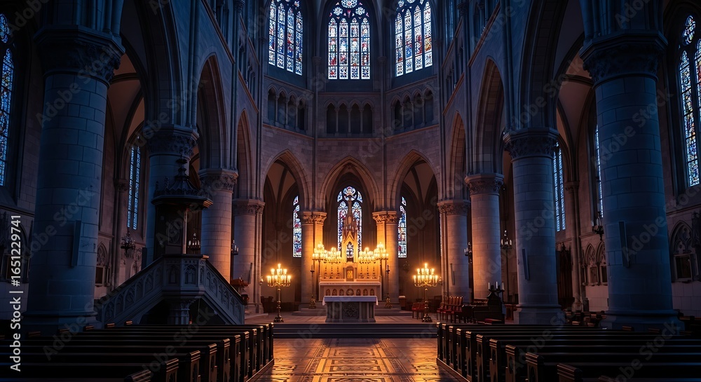 Obraz premium Interior view of a cathedral with altar and stained glass windows
