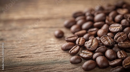 Close-up: Various coffee beans scattered on a rustic wooden table, aroma, warmth