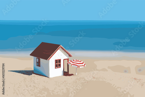 Cartoon lifeguard tower on the beach with blue ocean and cloudy sky. Vector summer illustration. 