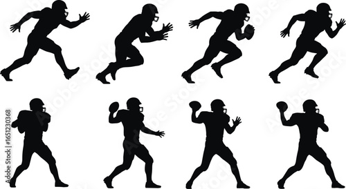 Vector silhouette set of American football players in running and passing poses, perfect for sports design, team branding, and athletic graphics