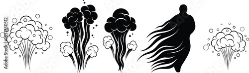 Vector smoke explosion elements and abstract spirit silhouette illustration, includes steam clouds, vapor bursts, fantasy flow figure for mystical, comic, magical, or spooky design
