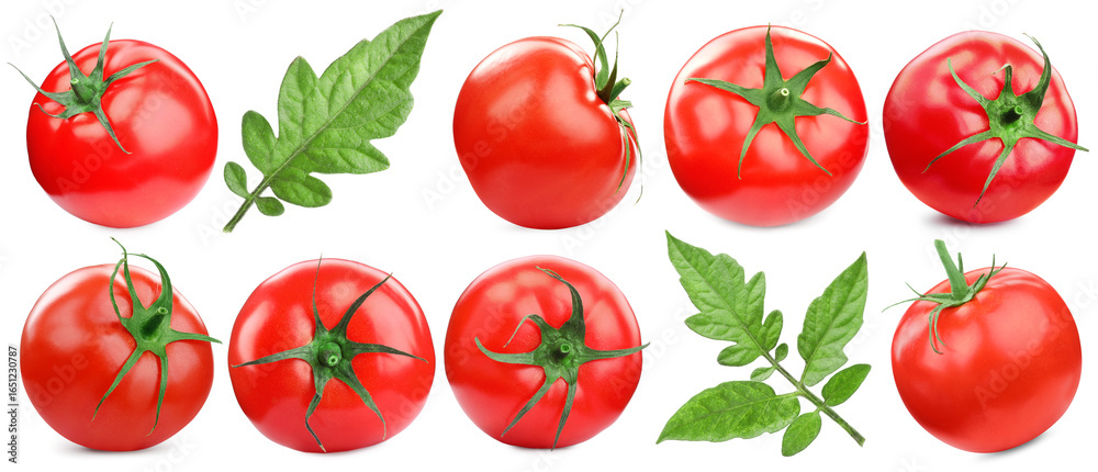 Fresh ripe tomatoes and green leaves isolated on white, set Fresh ripe tomatoes and green leaves isolated on white, set