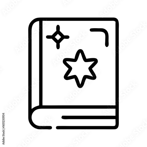Magical spellbook icon with star and sparkles in outline style  