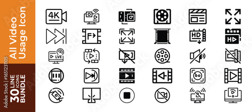 Set of 30 video usage icons, isolated on white background