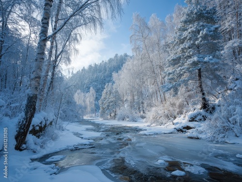 Winter wonderland in Daxingan Mountains, snow-covered forest landscape with serene birch trees and frozen river, idyllic winter scene.
