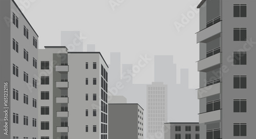 monochromatic vector illustration of a cityscape with residential buildings and a blurred background of urban towers