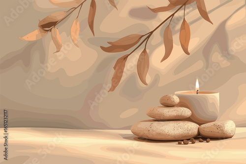 stack of round stones and and the shadow of a palm leaf on a beige background. Scene for demonstration of cosmetic products, advertising