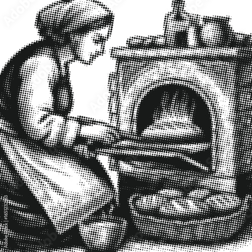 Artisan baking scene: A woman uses a long paddle to check on loaves of bread inside a traditional stone oven, a classic image of rustic life.