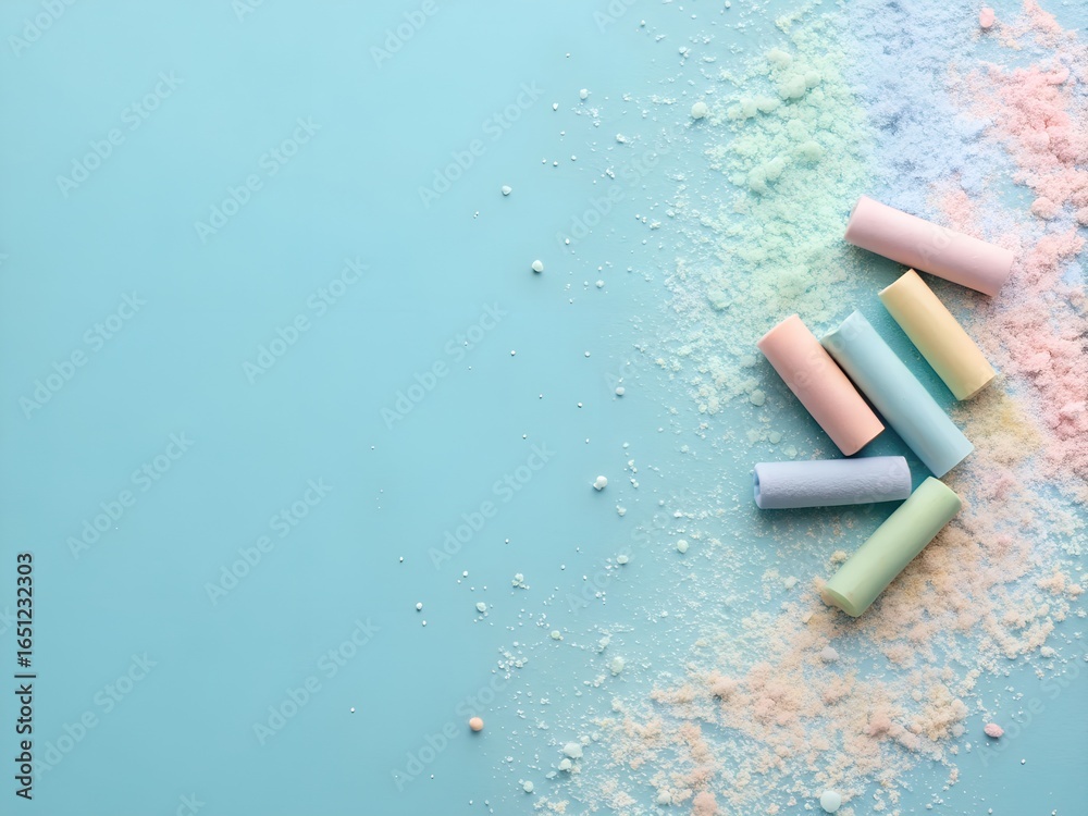 Pastel Chalk Pieces and Dust on Light Blue Background Pastel Chalk Pieces and Dust on Light Blue Background