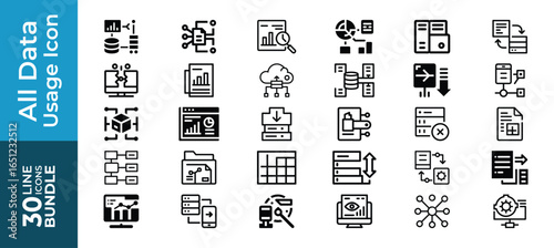 Set of 30 data usage line icons bundle, isolated on white background