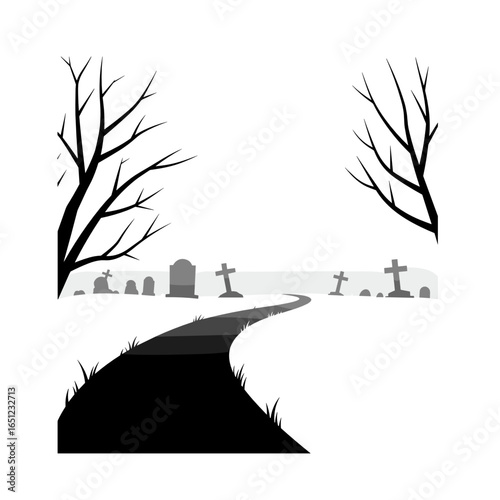 Foggy graveyard path leading through tombstones and bare trees for Halloween  