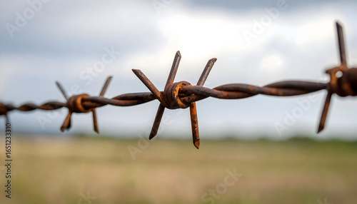 Close Up Shot of Rusty Barbed Wire Against a Blurred Field and Cloudy Sky