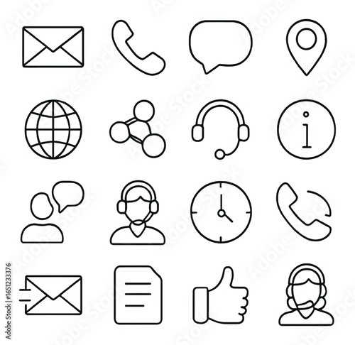 Minimalistic communication icon set with phone, email, and social symbols on gray background