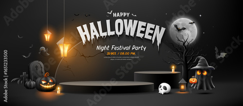 Happy Halloween black podium, Night lamp, Ghost and Spooky trees and glowing pumpkins and bat flying, candles, banner design on black background