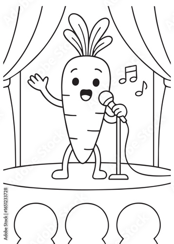 coloring book carrot singing on stage with a microphone.