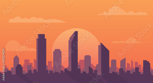 City skyline at sunset, vector illustration with modern skyscrapers and buildings in a flat, minimalist style