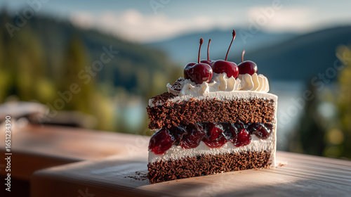 Black Forest Cake With Cherries, Placed On An Outdoor Table, View Of Black Forest Mountains