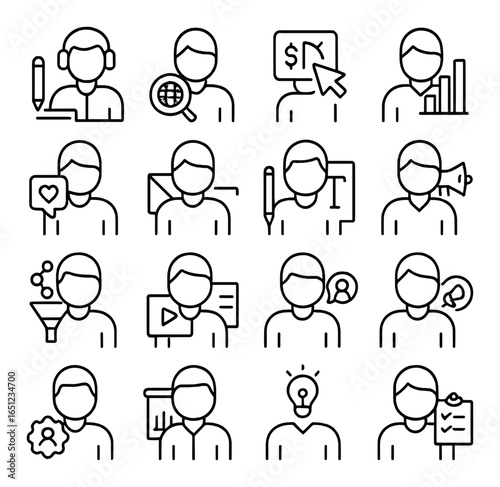 Set of minimal vector line icons representing various business and marketing concepts