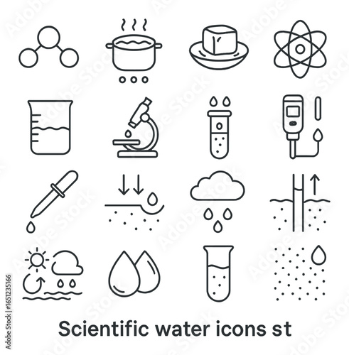 Scientific water icons set: classical chemistry lab symbol collection