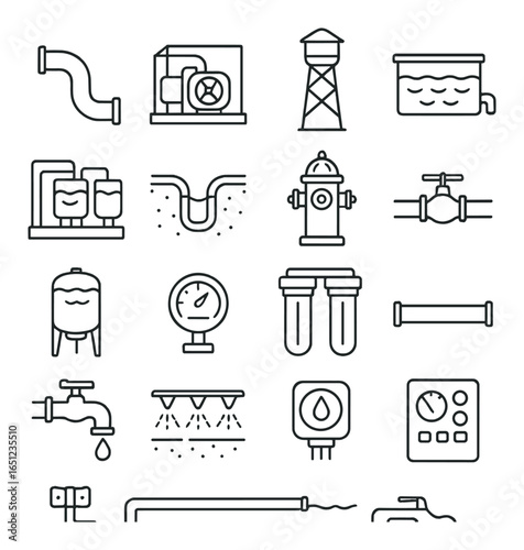 Set of water supply and plumbing vector icons with pipes and valves