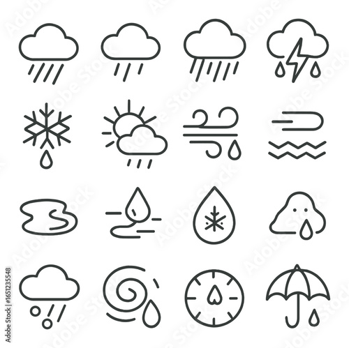 Weather icons set featuring rain, storm, snow, sun, wind, and cloud symbols