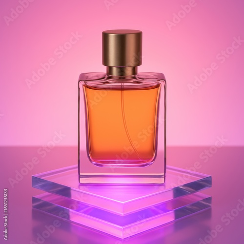 Elegant perfume bottle on geometric glass platform with pink background
