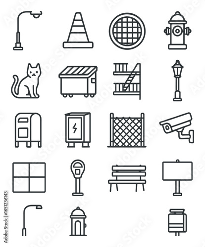 Urban icon set with street elements and infrastructure symbols