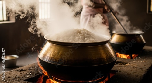 Traditional Rice Cooking in Large Copper Pots Over Open Fire