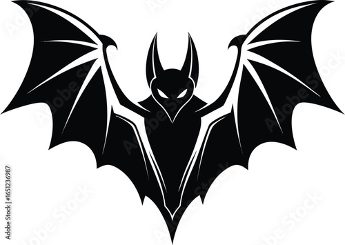 Black bat silhouette with outstretched wings isolated