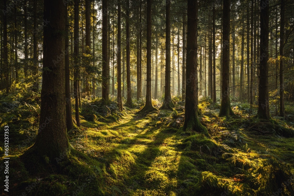 Obraz premium Sunlight streams through a dense forest (1)