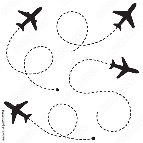 Line path vector icons of an airplane flight routes with start point and dash line trace vector
