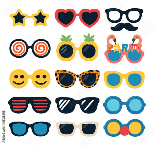 Colorful novelty sunglasses collection with playful designs and patterns
