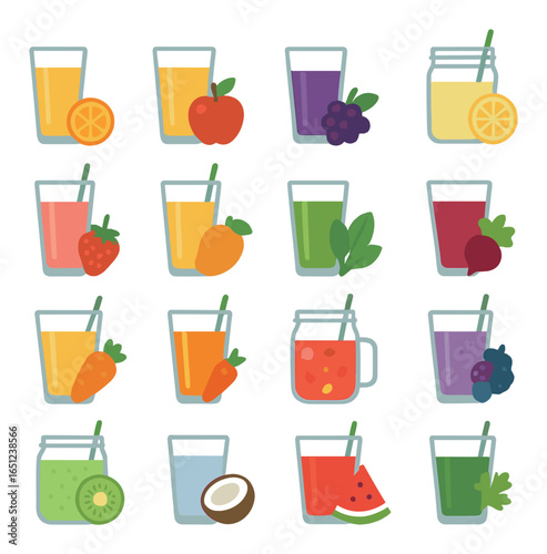 Colorful array of fresh juices in glasses with fruits and vegetables