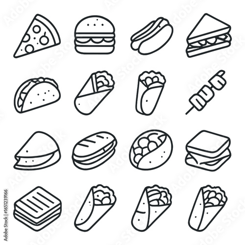 Assorted outline fast food icons on gray background