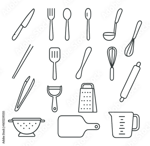 Kitchen utensil icons: knife, forks, spoons, ladle, whisk, tongs, colander, cutting board, measuring cup