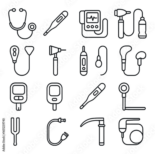 Medical equipment icons: stethoscope, thermometer, otoscope, ecg monitor, syringe