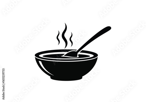 Vector illustration of a black and white illustration of a steaming bowl of soup with a spoon, isolated on a white background