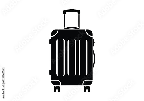 Vector illustration of black silhouette of a wheeled suitcase with a retractable handle, isolated on white background
